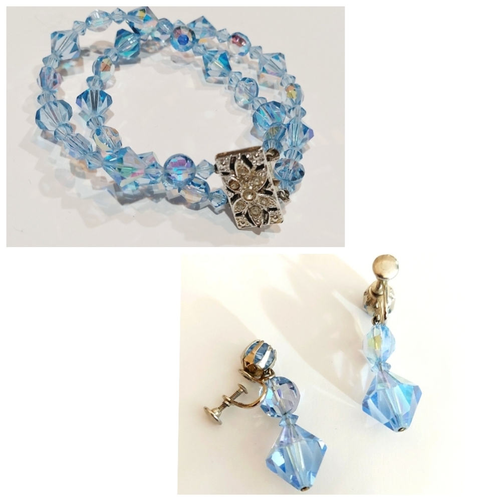 🍄🦋Vintage 50s rhinestone earring Bracelet art deco crystal aurora borielis Set